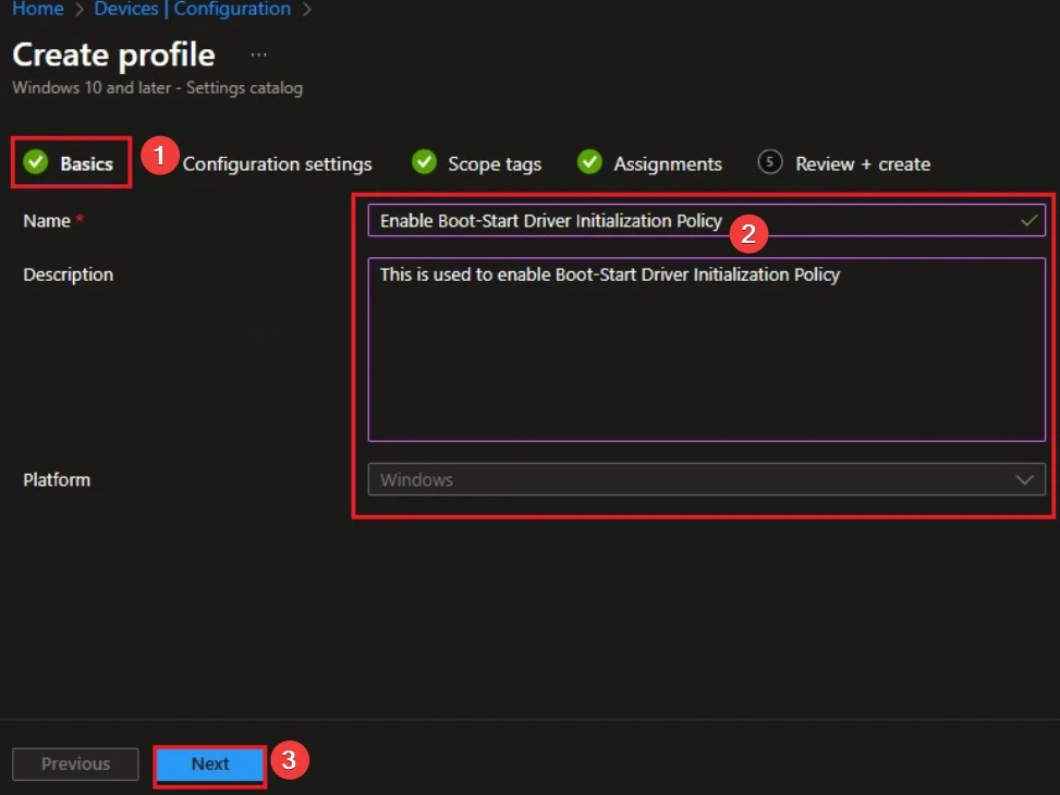 Basics: name and description for the Boot-Start Driver Initialization policy